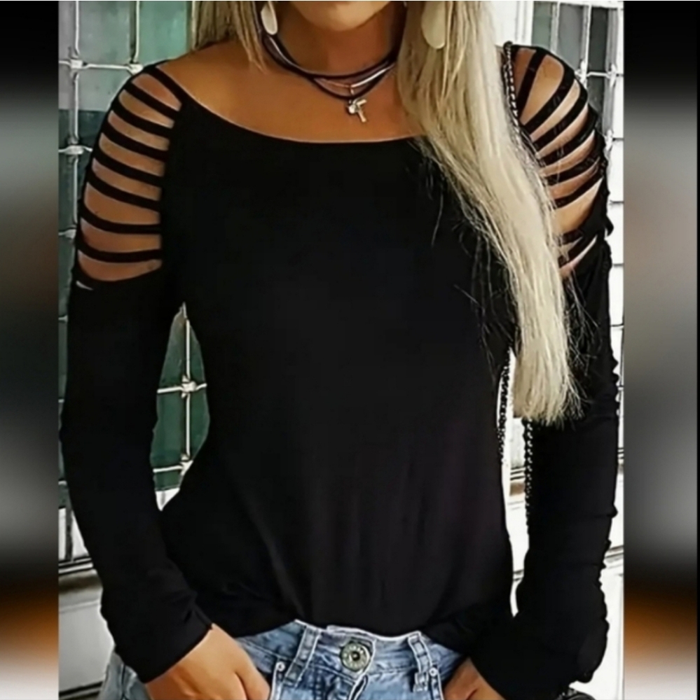 Cold shoulder black strap long sleeve breathable top